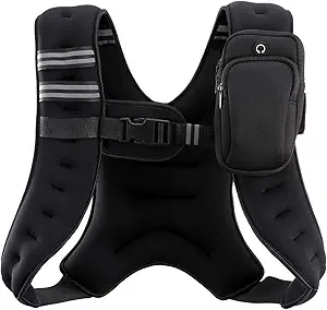 Black weighted vest with adjustable straps, reflective strips, and a small zippered pouch attached to the right shoulder area.