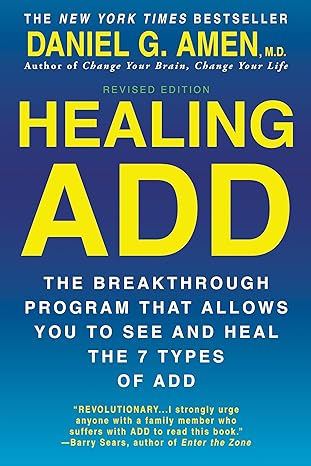 Book cover of "Healing ADD" by Daniel G. Amen, featuring the subtitle "The breakthrough program that allows you to see and heal the 7 types of ADD" on a blue background with yellow text.