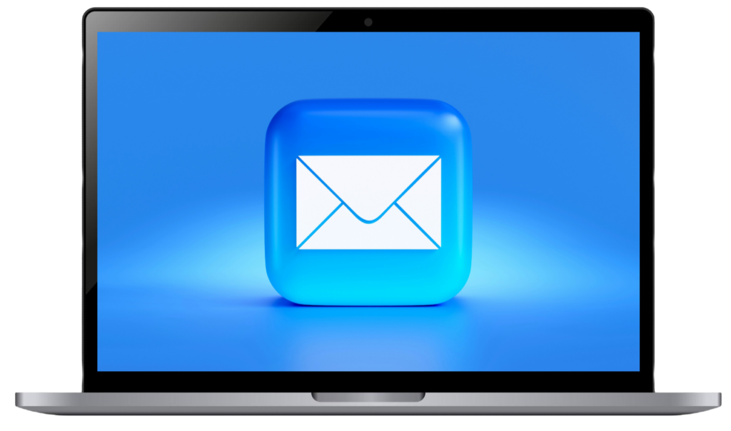 A laptop displays a large blue email icon on its screen against a blue background.